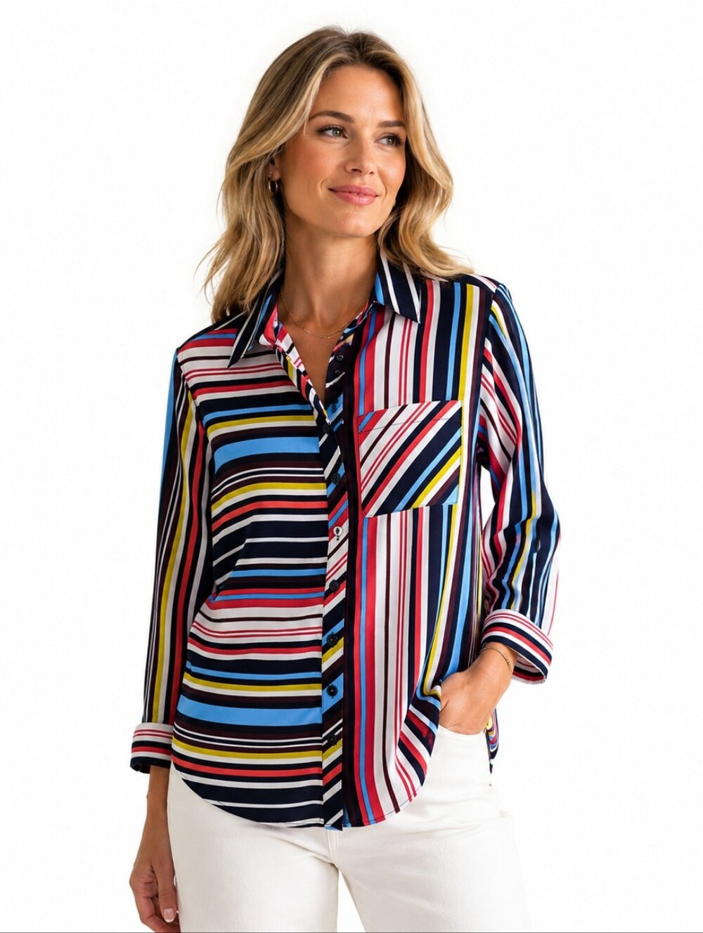 Multicolor Striped Button Up Blouse S Artsy Rainbow Geometric Relaxed Fit